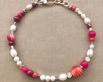 Bright Pink bold fun charm pearl necklace fall jewelry birthday gift modern bridesmaid gold crystals freshwater custom trendy jewelry anthro