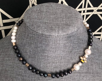 Pearl Bee Necklace: Black, White & Gold Charm Mothers Day Bridesmaid birthday gifts spring summer jewelry
