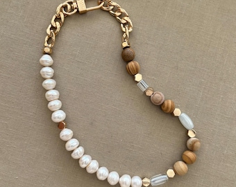 Modern Pearl half gemstone freshwater glass necklace wedding bridesmaid organic natural stone wood cork birthday anniversary 50th gift