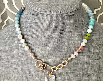 Pastel Rainbow Gemstone rondelle necklace custom birthday gift trendy spring summer jewelry gold accessory semiprecious quartz crystal heart
