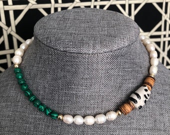 Modern Panda Bamboo malachite charms crystals freshwater pearl gold necklace summer y2k trendy coconut girl happy go lucky its all good ian