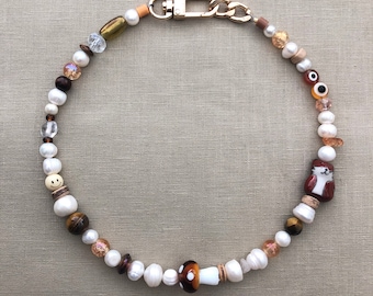 Modern Pearl Fox mushroom bamboo choker smiley charms crystals gold mismatch jewelry fun accessory necklace trendy birthday gift brown