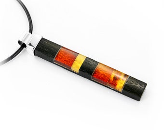 Rectangle amber pendant made of silver and wood black oak, bursztynowa prostokątna zawieszka  ze srebra i czarnego dębu