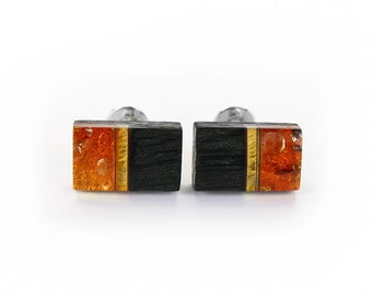 Rectangular cufflinks amber silver and wood black oak, rectangular cufflinks made of amber silver and black oak
