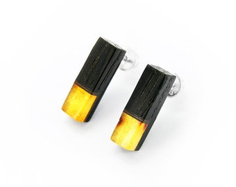 Rectangular earrings amber silver and wood black oak, kolczyki prostokątne na sztyft z bursztynu srebra i czarnego dębu