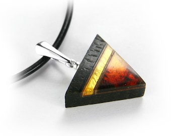 Triangular pendant with black oak, amber and silver