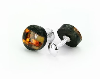 Cufflinks - black oak, amber, silver