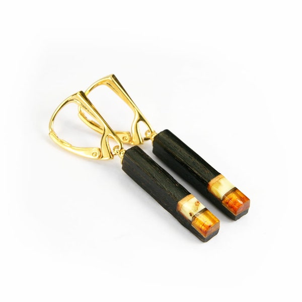 Rectangular dangle earrings amber gilded silver and wood black oak, hanging earrings made of amber, gilded silver and black oak