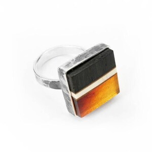Anillo cuadrado de ámbar, roble negro, plata, ajustable, anillo cuadrado, ajustable, ámbar, roble negro, plata