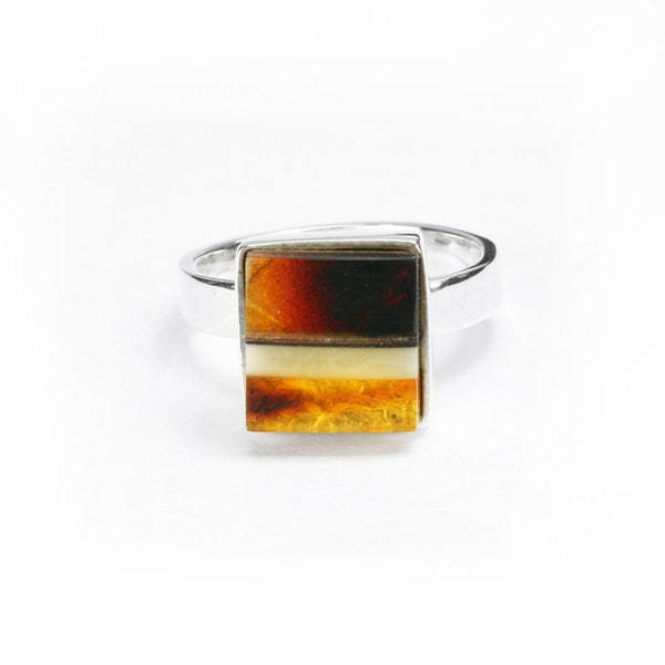 Square amber ring, black oak, silver, square ring, amber, black oak, silver