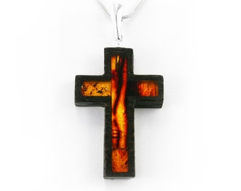 Pendant - cross, amber, silver, black oak - New!