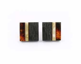 Square cufflinks - black oak, silver, Baltic amber