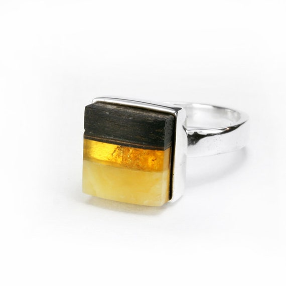 Baltic Amber, Black Oak Wood, and Sterling Silver Square Bead Necklace Baltic Amber, Black Oak Wood, and Sterling Silver Square Bead Necklace