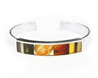 Silver bracelet with amber and black oak wood, bransoletka srebrna z bursztynem i czarnym dębem