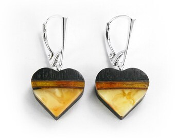 Dangle heart earrings with Baltic amber, black oak and silver