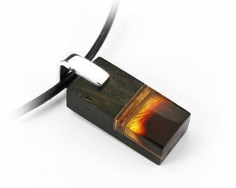 Sunset rectangular pendant with amber, gold leaf, 23 carat silver and black oak