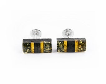 Rectangular cufflinks amber silver and wood black oak, prostokątne spinki do mankietów z bursztynu srebra i czarnego dębu