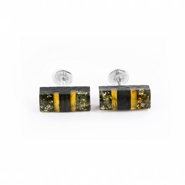 Rectangular cufflinks - black oak, silver, Baltic amber