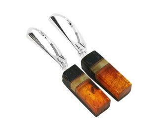 Rectangular dangle earrings amber silver and wood black oak, kolczyki prostokątne wiszące z bursztynu srebra i czarnego dębu