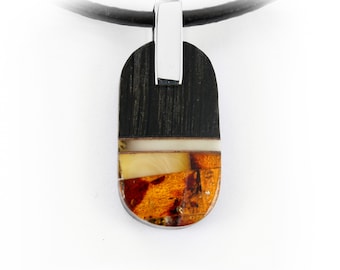 Pendant - amber, silver, wood, black oak