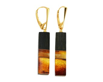 Rectangular dangle earrings amber gilded silver and wood black oak, kolczyki wiszące z bursztynu złoconego srebra i czarnego dębu