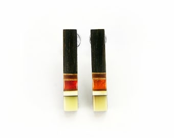 Earrings on the stick - amber, silver, black oak
