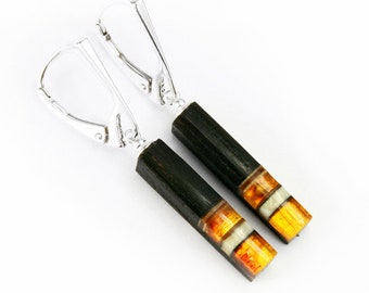 Rectangular dangle earrings amber silver and wood black oak, kolczyki prostokątne wiszące z bursztynu srebra i czarnego dębu