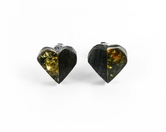 Hearts earrings amber silver and wood black oak, heart earrings made of amber silver and black oak