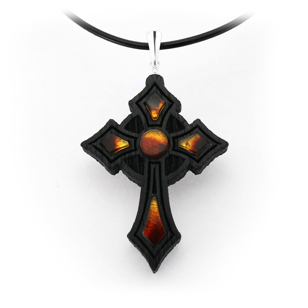 Pendant - cross, amber, silver, black oak - New!