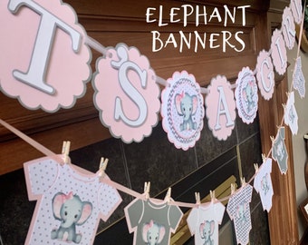 Elephant baby shower decorations girl, pink elephant baby banner decorations, elephant decorations signs swag garland banner girl, elephant