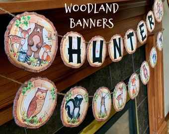 Woodland animal banner, woodland baby shower decorations, customized woodland name banner, woodland nursery decorations, woodland 1 birthday