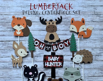 Lumberjack baby shower decorations, lumber jack baby shower centerpieces, lumberjack baby shower animals  sign, lumberjack diaper cake set