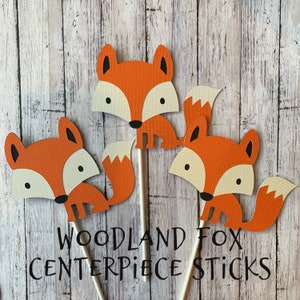 Fox baby shower decorations, Fox centerpiece animals on sticks, fox centerpiece stakes, fox cake topper, Woodland fox for diaper cakes, fox