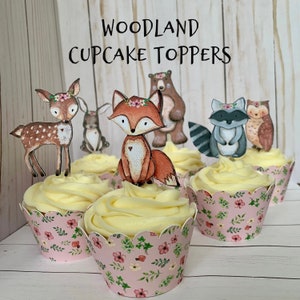 Woodland animals cupcake toppers girl, woodland themed cupcake toppers , woodland baby shower decorations, forest animals cupcake toppers