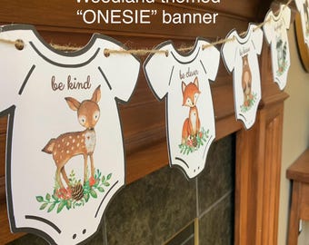 Woodland Animal Baby Shower Banner: Onesie Garland, Nursery Decor