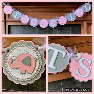 Girl Elephant baby shower banner, pink gray elephant baby shower decorations, elephant nursery decoration, elephant baby shower decorations