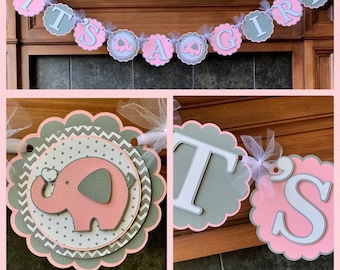 Girl Elephant baby shower banner, pink gray elephant baby shower decorations, elephant nursery decoration, elephant baby shower decorations