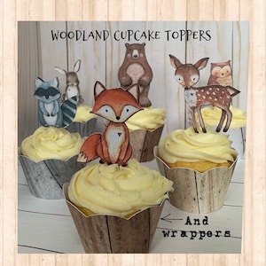 Woodland animals cupcake toppers boy, woodland theme cupcake toppers, woodland baby shower decorations, deer fox bear owl cupcake toppers