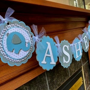 Blue Elephant baby boy shower decoration, elephant personalized name banner, elephant It&#39;s A Boy banner, elephant gray blue customized decor