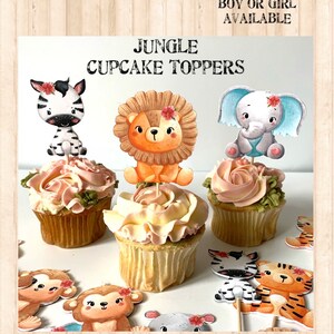 jungle themed cupcake toppers, jungle safari boy girl cupcake toppers, jungle baby shower decorations, jungle 1st birthday decorations, set