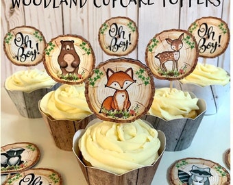 Boy themed woodland animal cupcake toppers, woodland baby shower decorations, woodland party cupcake toppers, woodslice log cupcake toppers