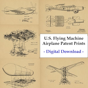 May include: A collection of vintage airplane patent prints. The prints feature black and white line drawings of different aircraft designs, including a biplane, a helicopter, and an airship. The prints are on a beige background and include the patent date and inventor's name.
