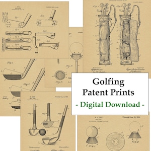 Puede incluir: Conjunto de cinco impresiones de patentes de golf vintage. Las impresiones son ilustraciones en blanco y negro sobre un fondo beige. Las impresiones presentan varios equipos de golf, incluidos palos de golf, pelotas de golf y una bolsa de golf.