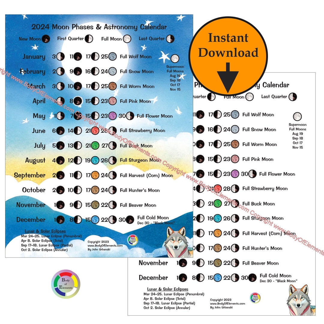 2024 Moon Phases & Astronomy Calendar Lunar Cycle Digital Download Gift