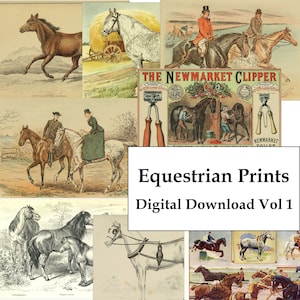 May include: A digital download collection of vintage equestrian prints. The collection includes images of horses, riders, and horse-drawn carriages. The title of the collection is "Equestrian Prints Digital Download Vol 1".