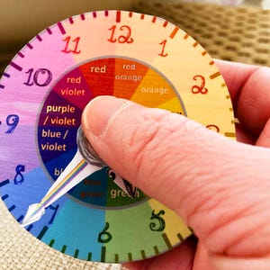 Puede incluir: Una rueda de colores circular y colorida con los números del 1 al 12 alrededor del borde exterior. La rueda está dividida en 12 secciones, cada una con un color diferente. Los colores son rojo, naranja, amarillo, verde, azul, índigo y violeta. La rueda está siendo girada por un dedo.