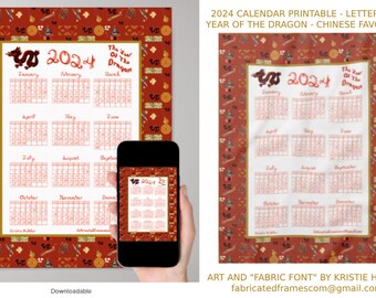 2024 Calendar Printable Year Of Dragon Download Red Fabric Font Chinese Favorites Dragons Date Planner Sheet Music Wedding Luck Design