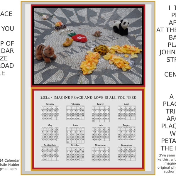 Imagine Peace Photo 2024 Calendar PDF Digital Download Printable Letter Size John Lennon Memorial Strawberry Fields Central Park NYC