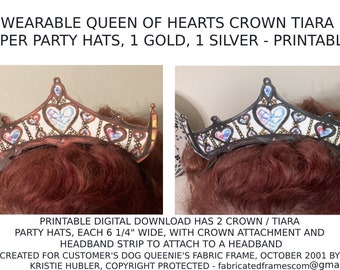 Crown Tiara Party Hats Printable 1 Gold 1 Silver for Birthday Halloween Costume Play Bachelorette Queen of Hearts Design Paper Crafts