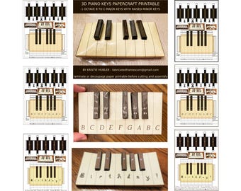 3D Piano Keys Papercraft 6 Printables Music Learning Aid Card Making Digital Download Plain Key Labels Happy Birthday Fabric Font 3 PDF 3 A4
